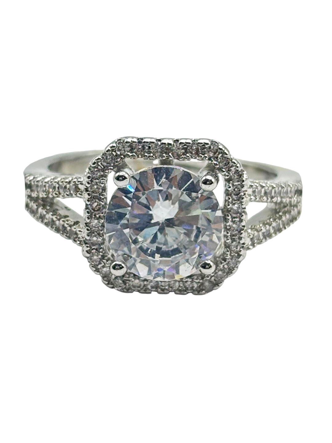 ISHI New York Rhodium-Plated Round Cubic Zirconia Studded Finger Ring