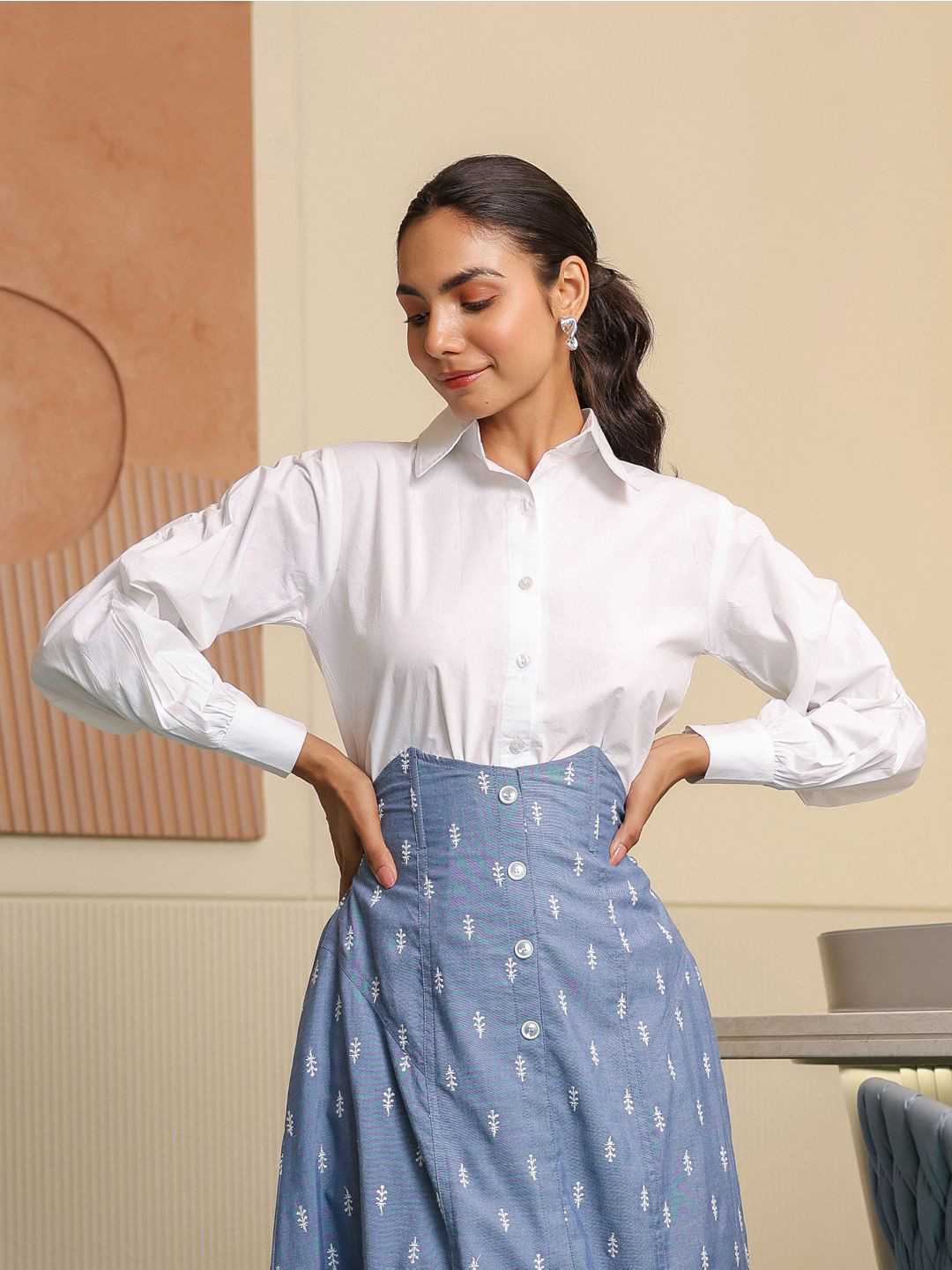 B'Infinite Comfort Puff Sleeves Cotton Casual Shirt