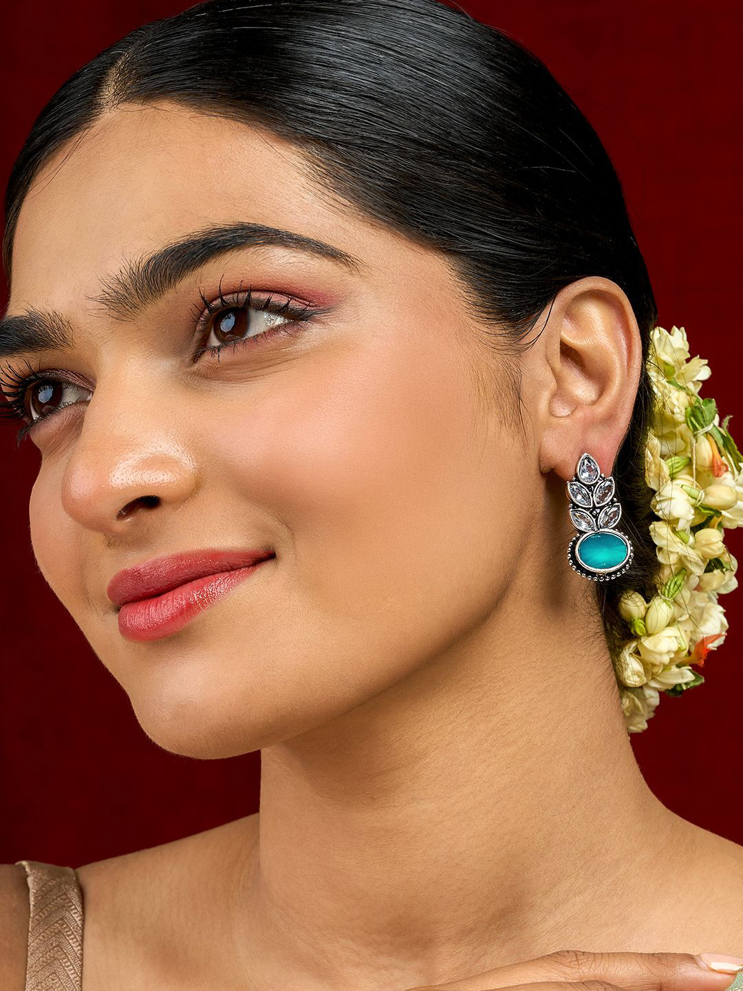 TEEJH Madhurai Silver Plated Artificial Stones Studded Classic Chandbalis