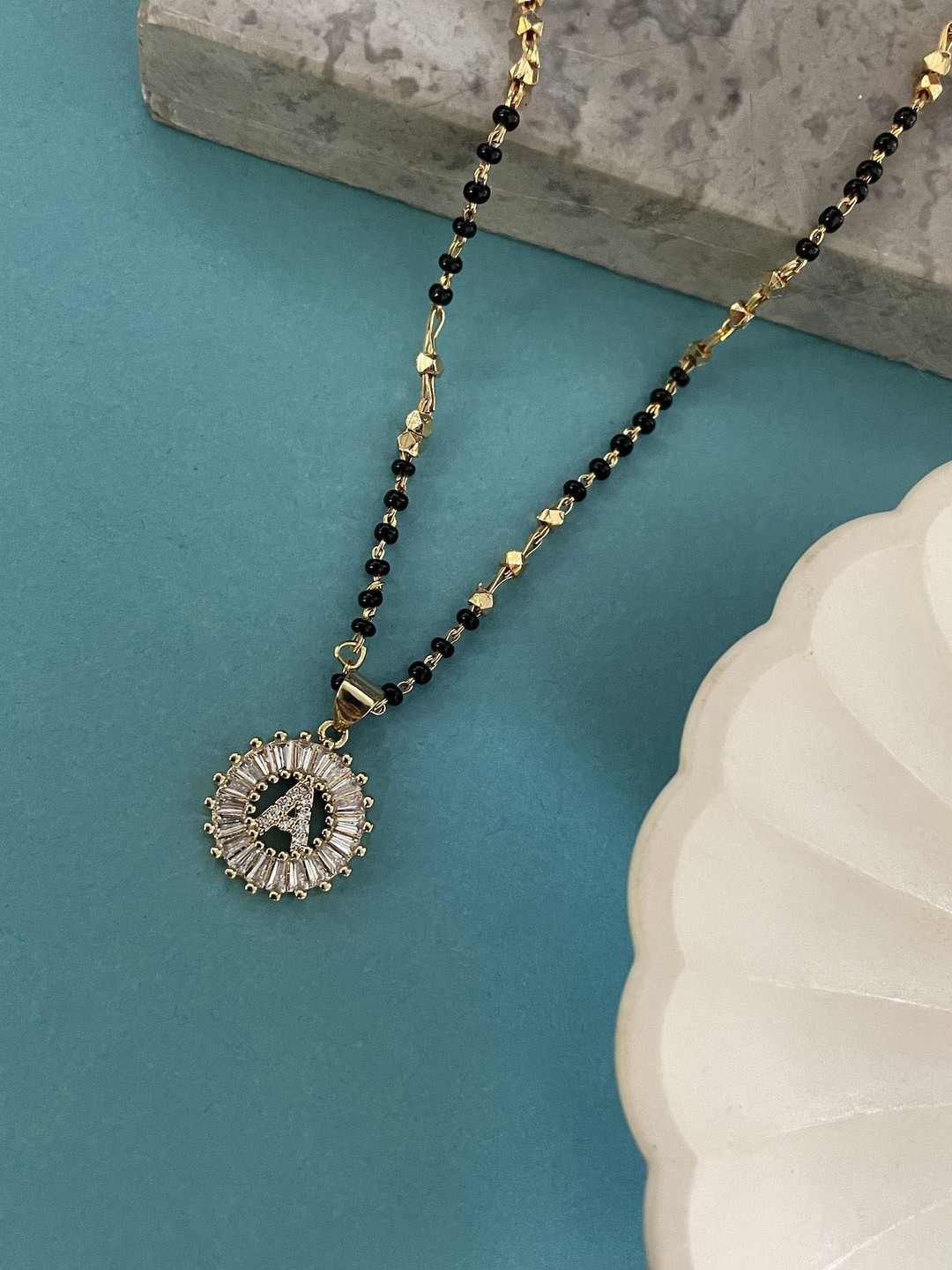 Digital Dress Room Gold-Plated Artificial Stones Studded And Beaded A Letter Mangalsutra