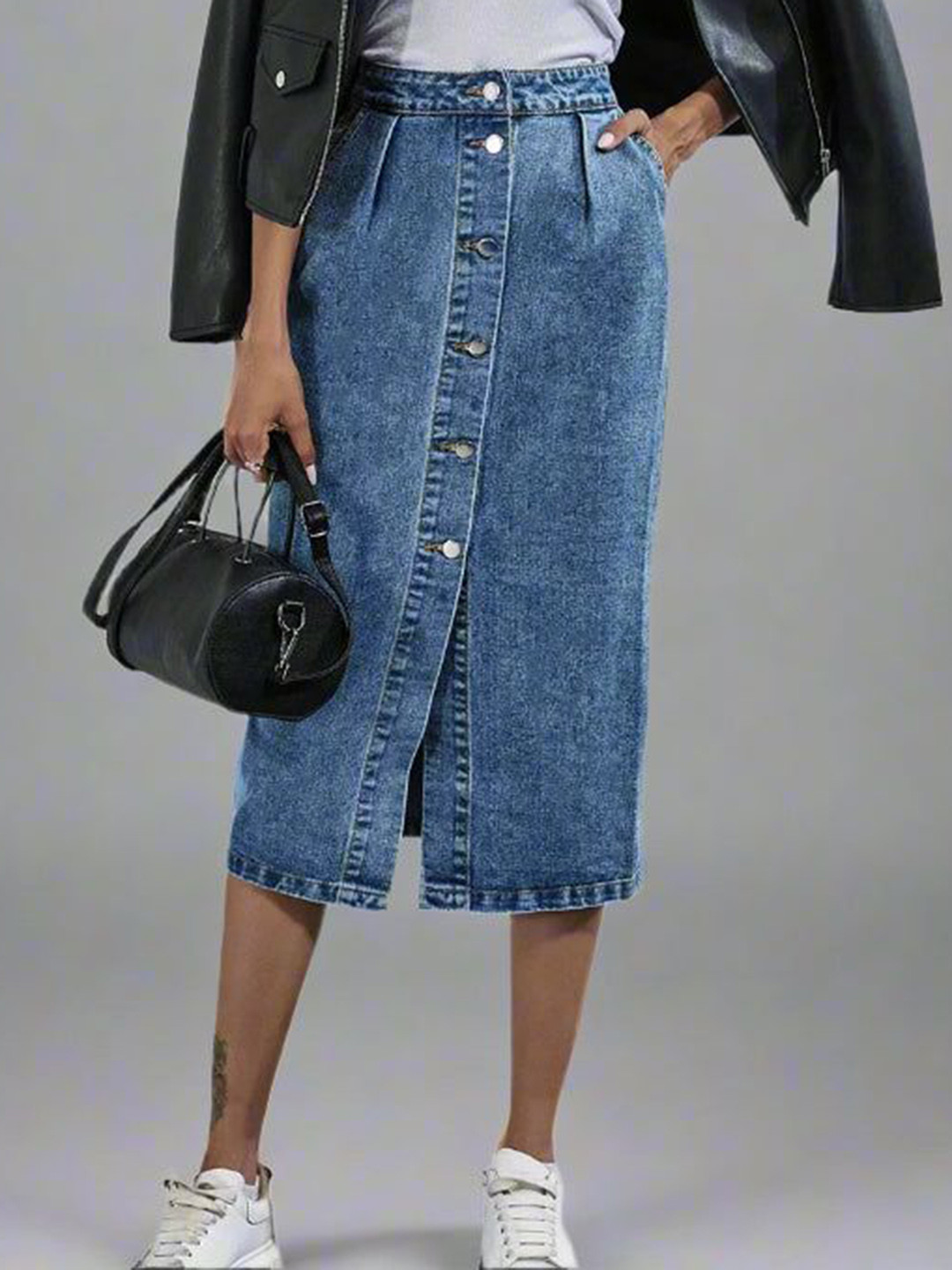 Outzidr Button Down Midi Pencil Denim Skirt