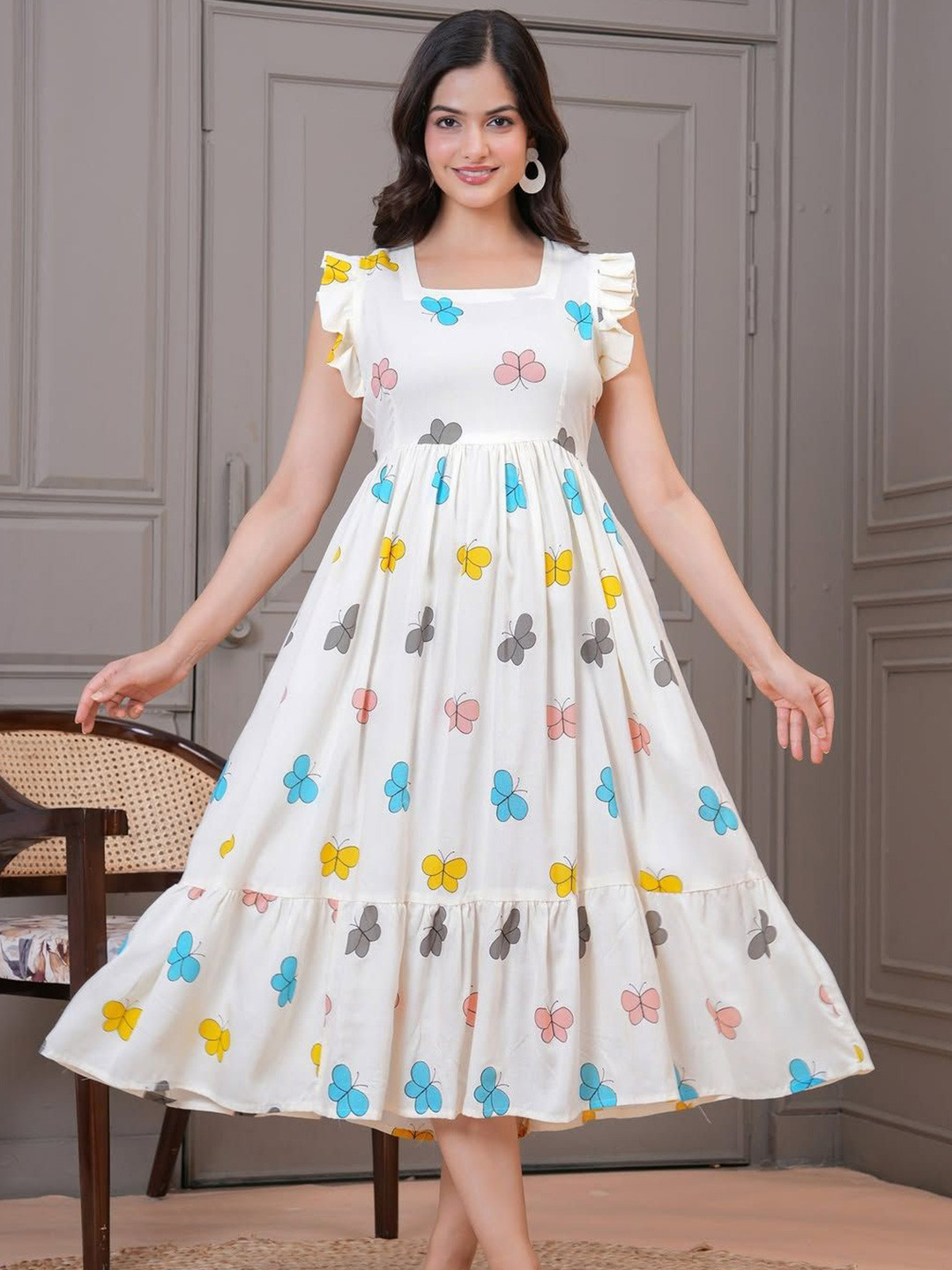 Milastru Butterfly Print Flutter Sleeve Fit & Flare Midi Dress