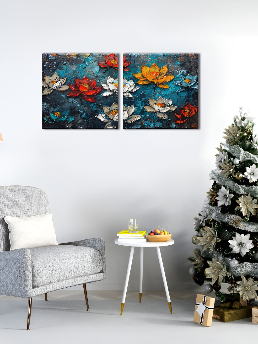 OLIVE TREE Blue & Red 2 Pieces Floral Wooden & Canvas Wall Arts