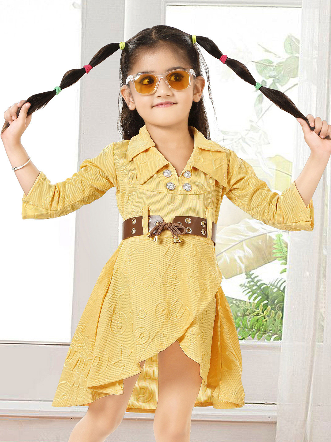 Billion Girls Shirt Collar Bell Sleeves Fit & Flare Dress Comes with a belt