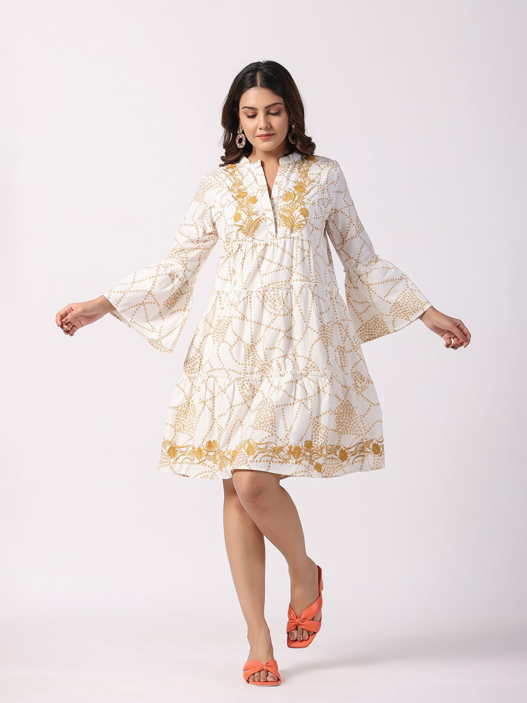 STIL O STITCH Embroidered Bell Sleeve Cotton Fit & Flare Dress