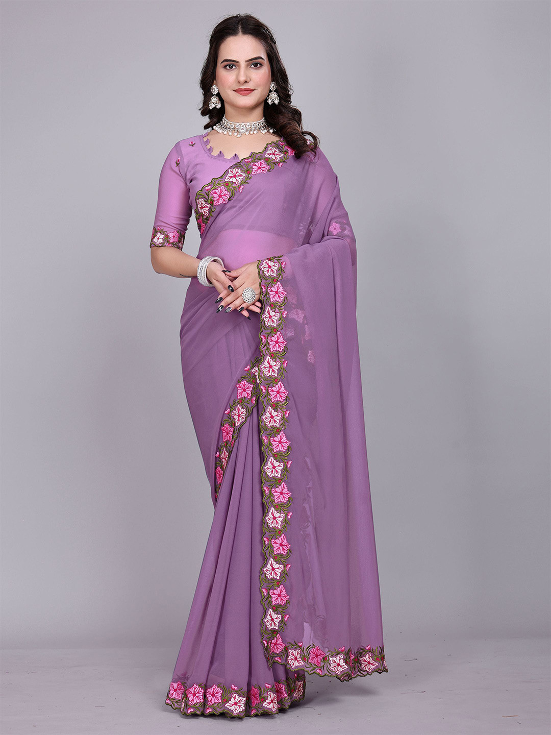 Sadika Floral Embroidered  Saree with cut work lace border