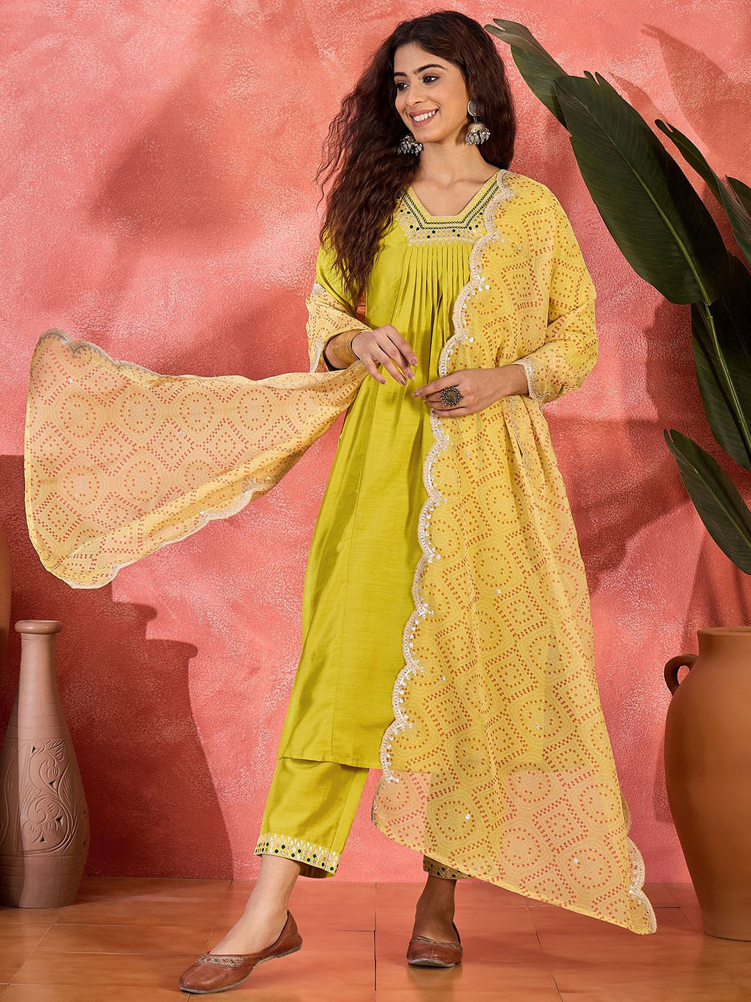 FASHION DREAM Chinon Silk A-Line Kurta With Trousers & Dupatta