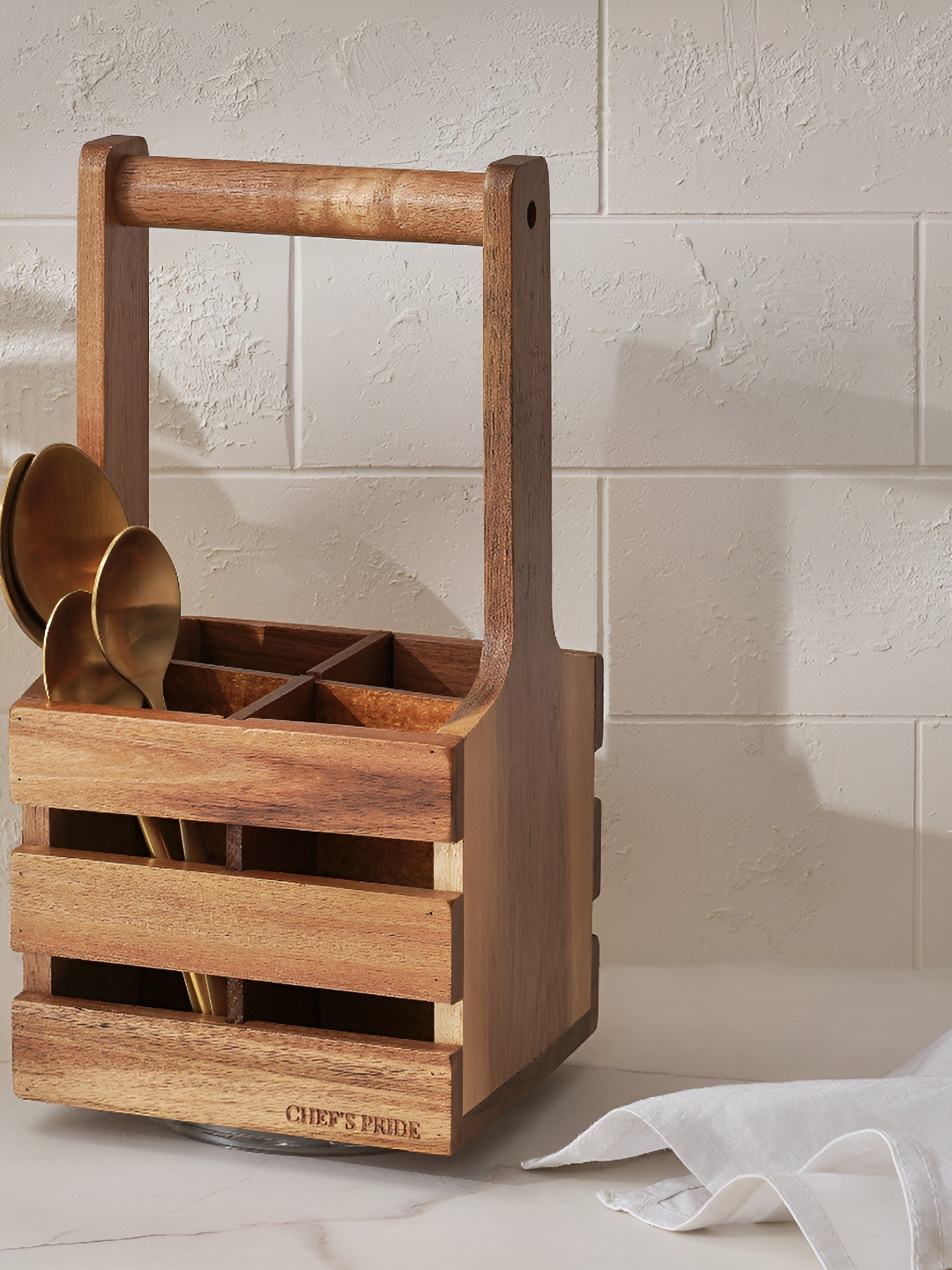 Home Centre Chef's Pride Jepson Acacia Brown Wooden Cutlery Holder