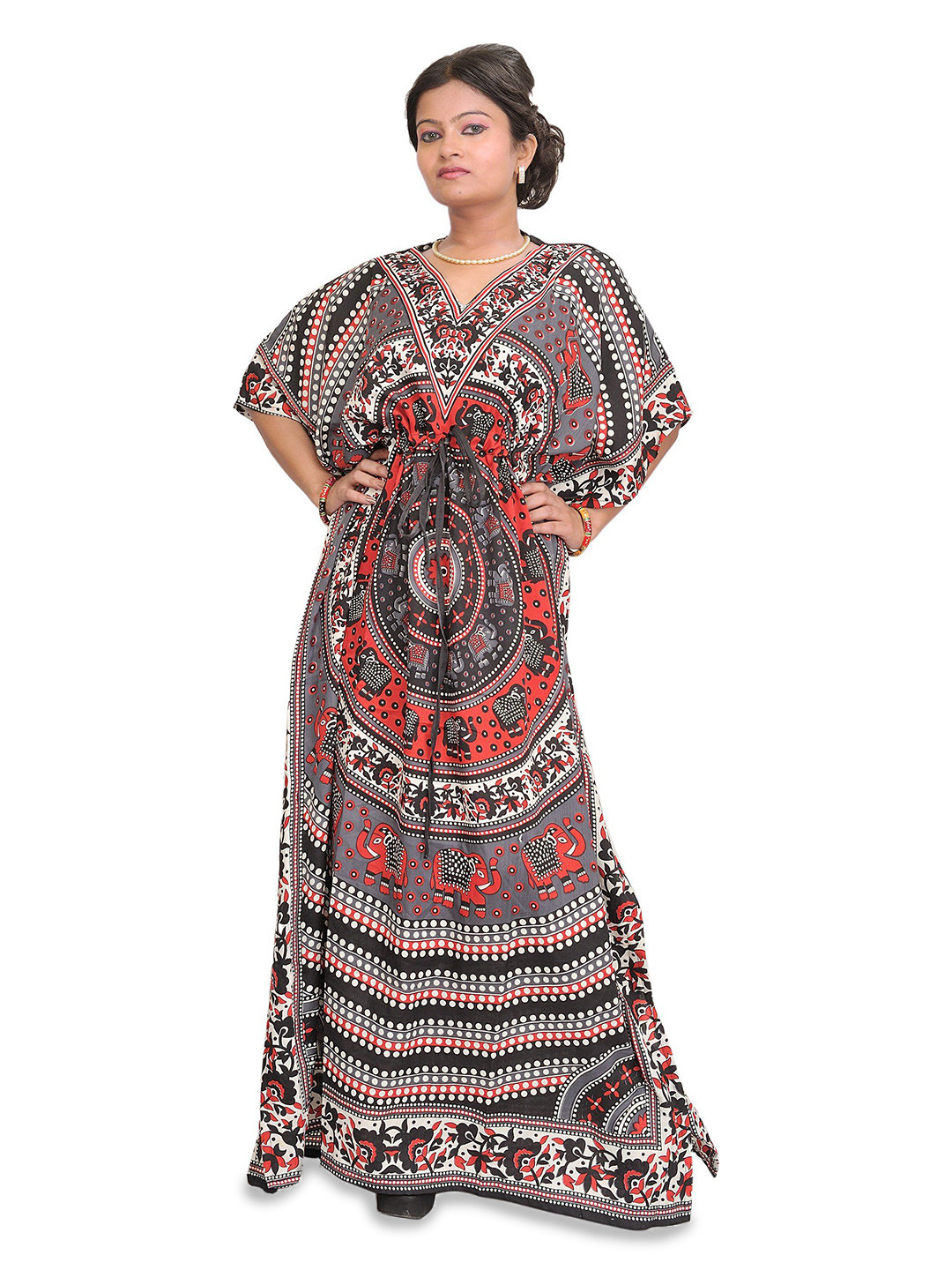 Exotic India Kaftan with Printed Elephants and Dori at Waist Dress