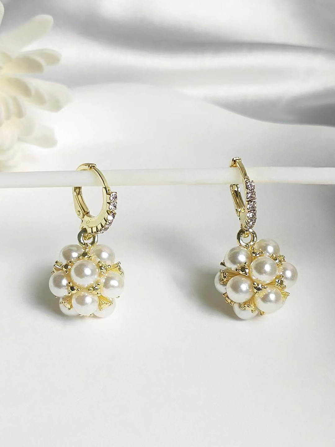 DIVASTRI Gold-Plated American Diamonds Studded And Pearls Beaded Circular Hoop Earrings