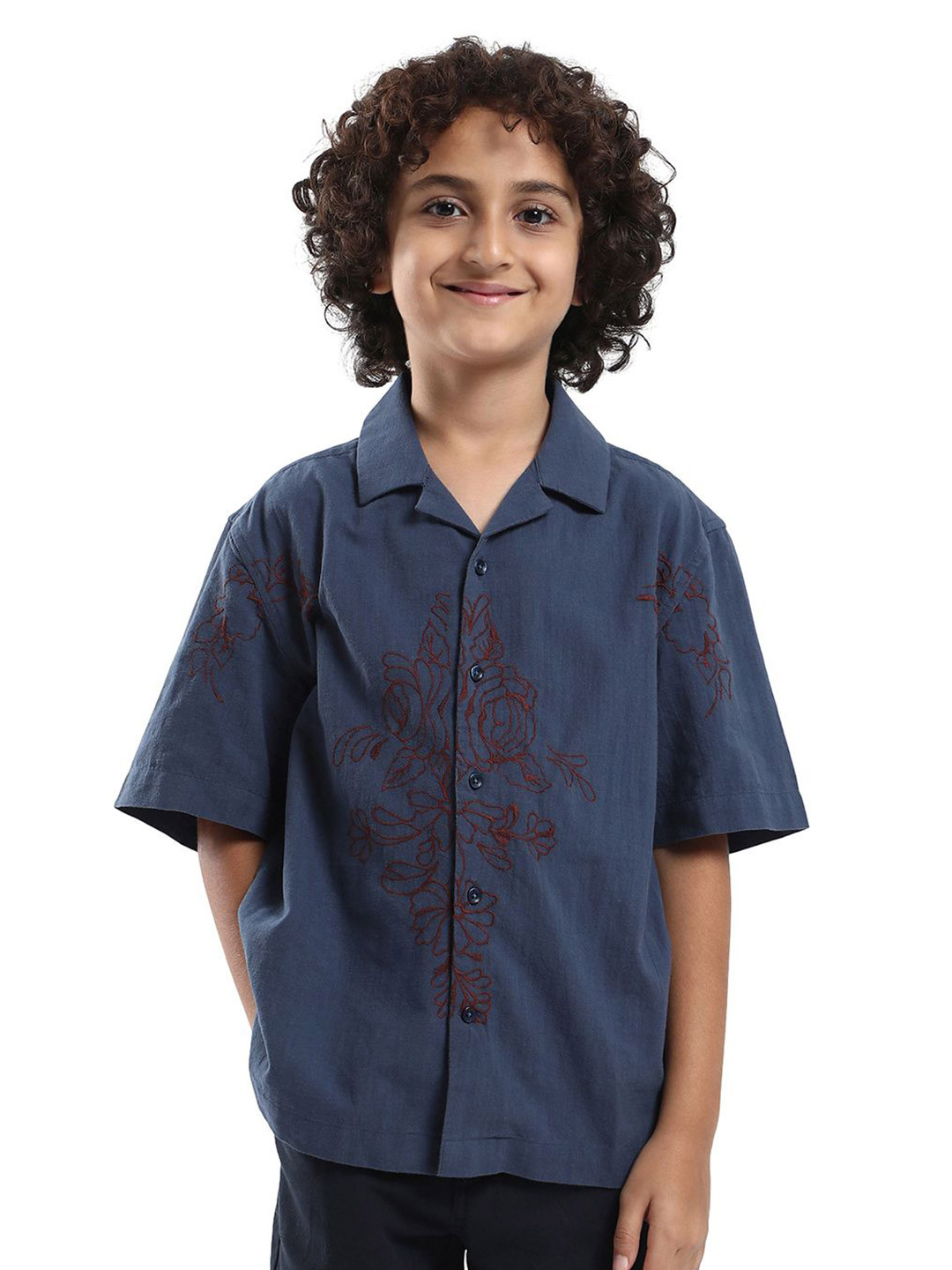 RARE ONES Boys Aria Dusky Floral Embroidered Cuban Collar Cotton Shirt