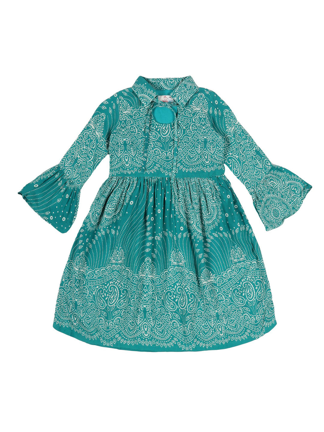 YOUNG BIRDS Girls Printed Shirt Collar Bell Sleeve Fit & Flare Dress