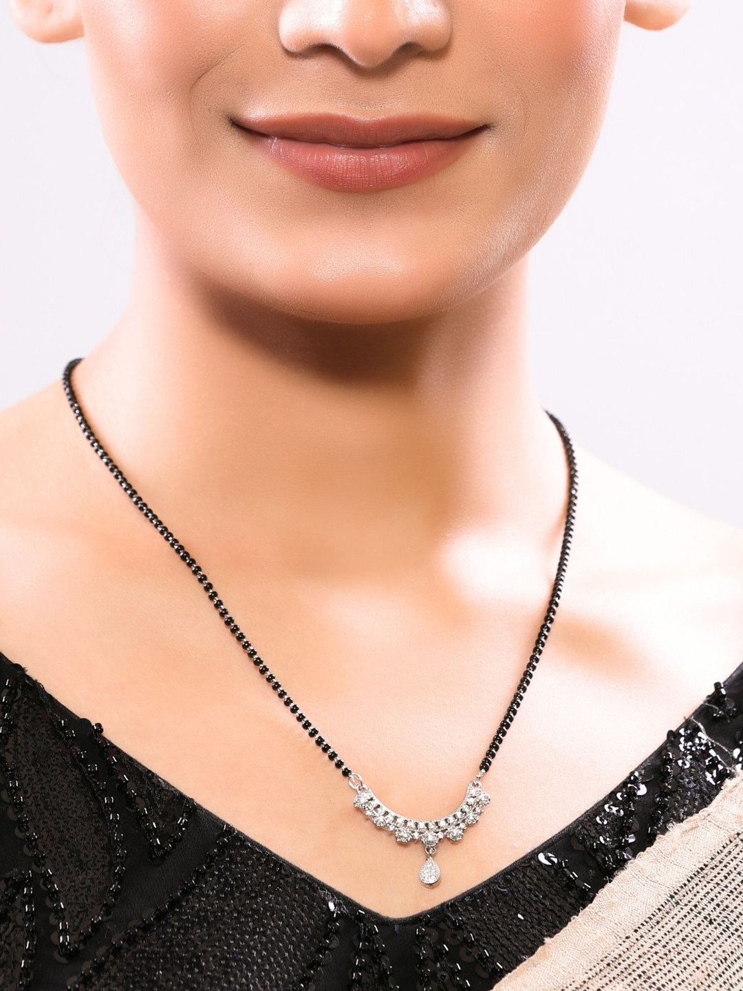 INC63 Silver-Plated American Diamond-Studded & Beaded Mangalsutra