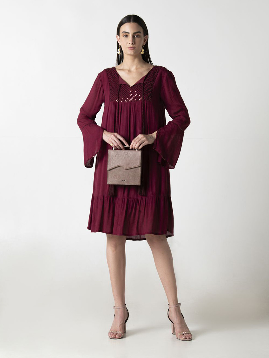 STIL O STITCH Women Sequined Bell Sleeve A-Line Dress