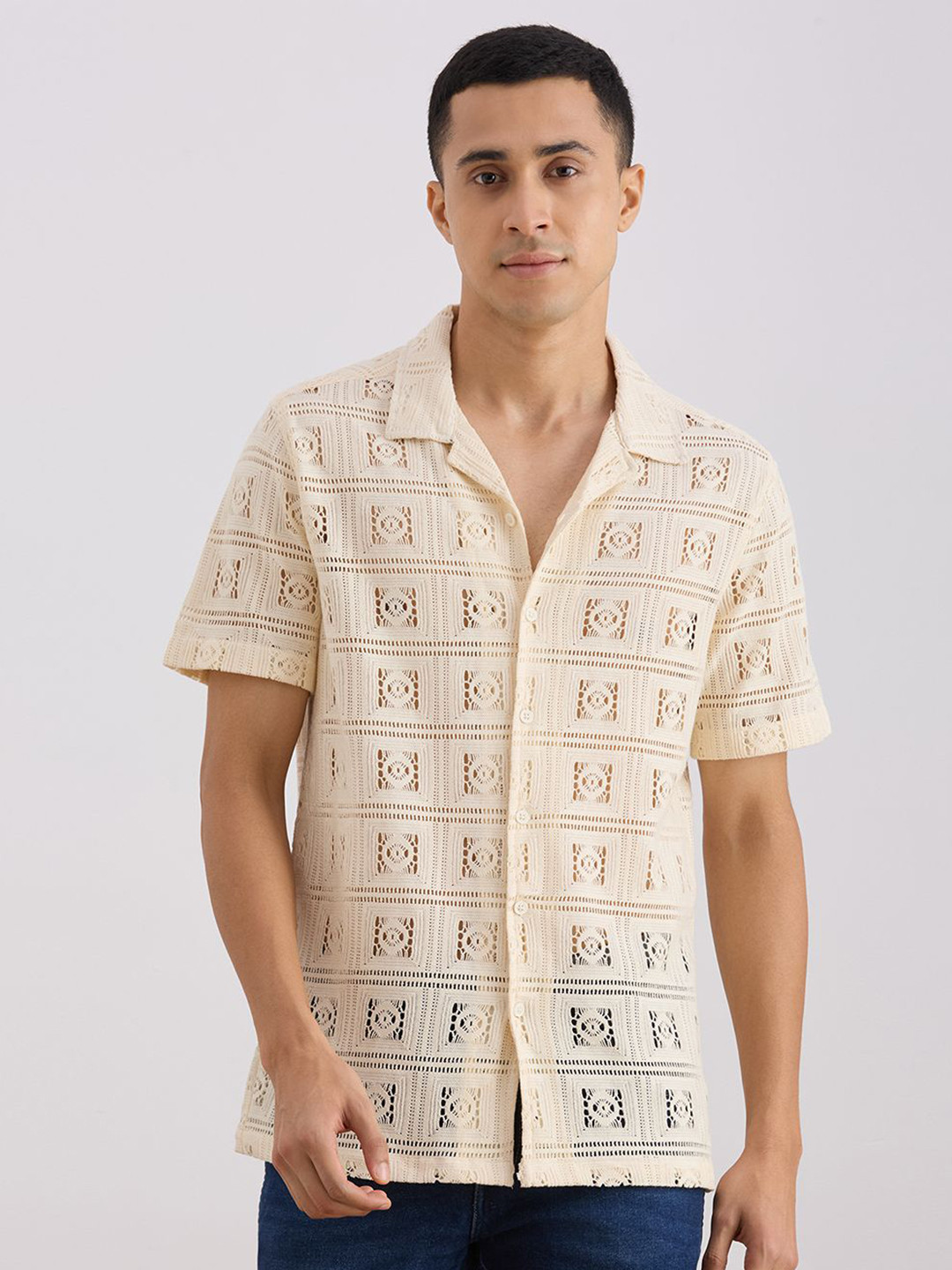 VALEN CLUB Geometric Self Design Cuban Collar Relaxed Fit Shirt