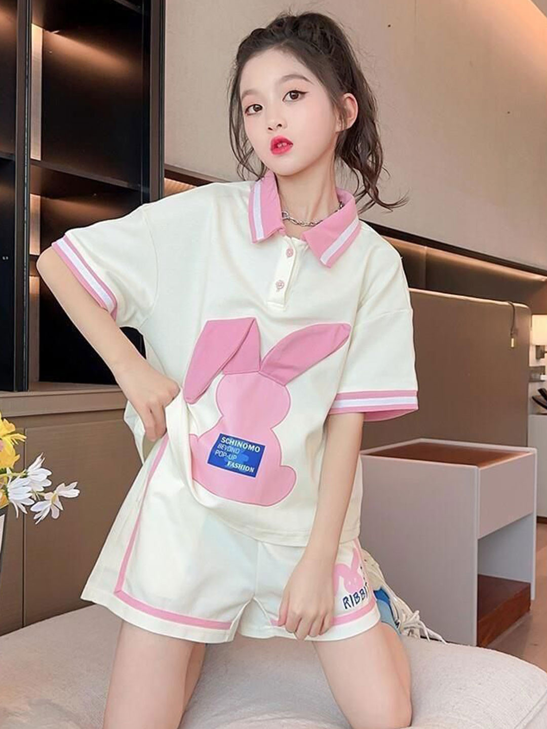 POP STREET KIDS Kids Bunny Ear Printed Polo Collar T-Shirt With Shorts