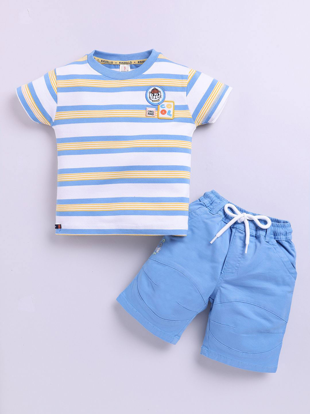 KIDZELLO Boys Striped Pure Cotton T-Shirt With Shorts