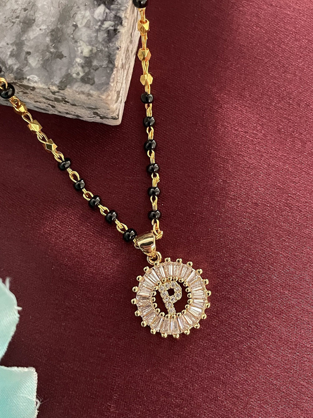 Digital Dress Room Gold-Plated Artificial Stones Studded And Beaded P Letter Mangalsutra