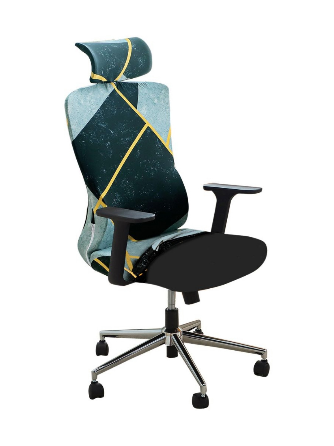 HOKIPO Teal Blue Abstract Printed Computer Rotated Chair Cover With Headrest