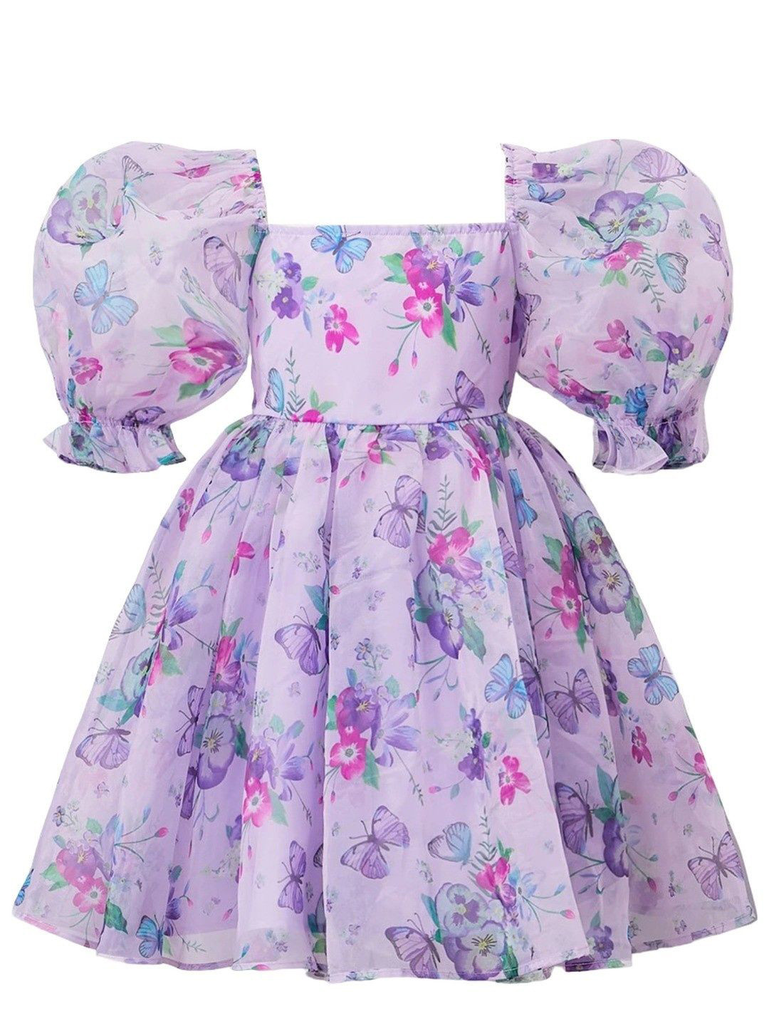 Miss & Chief Girls Floral Printed Puff Sleeve Fit & Flare Dress
