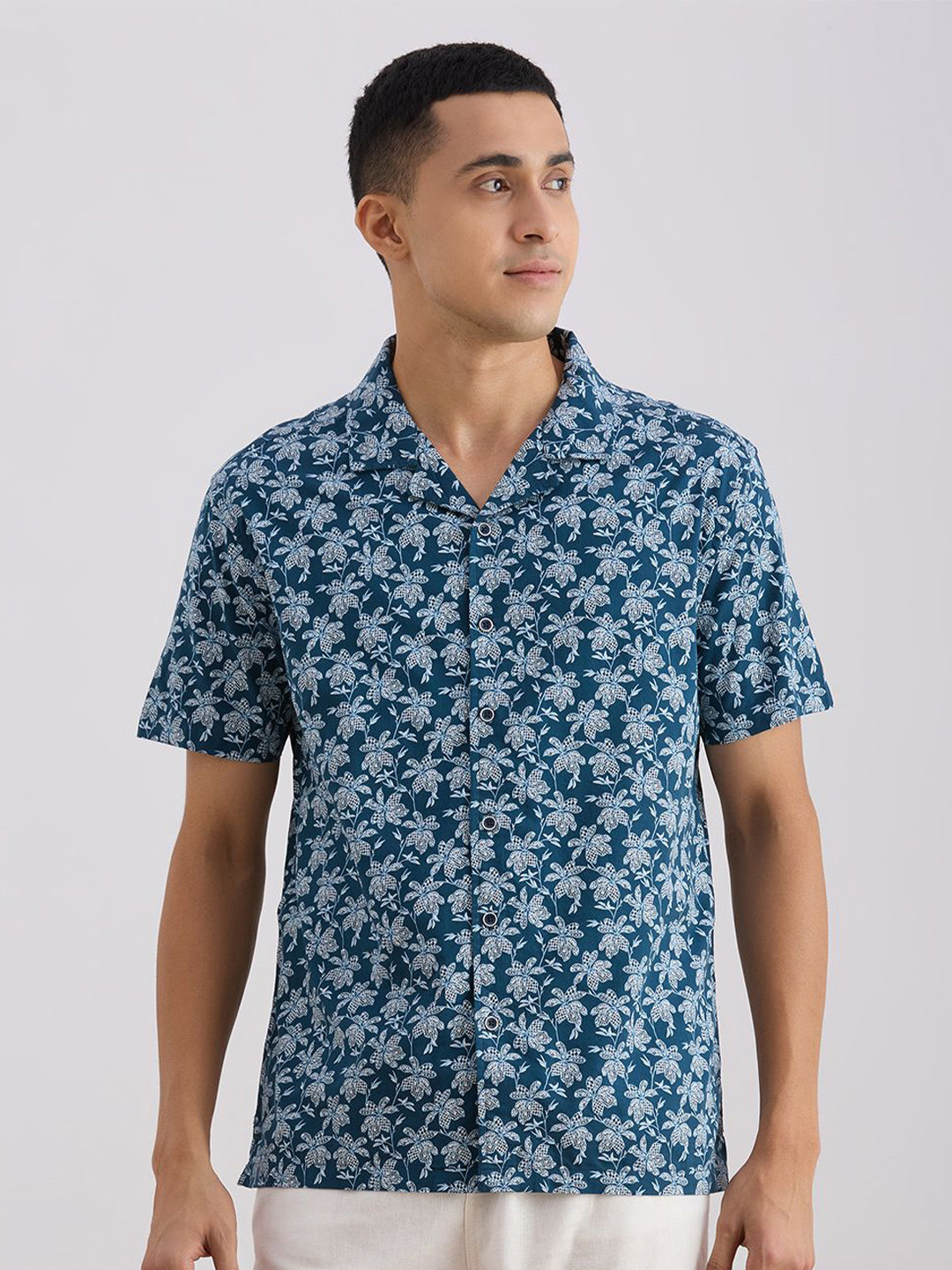 VALEN CLUB Floral Printed Cuban Collar Relaxed Fit Cotton Shirt
