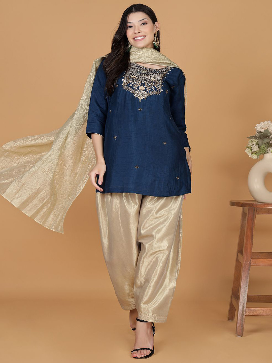 MILU MADAN Yoke Design Stones & Beads Work Kurta With Salwar & Dupatta