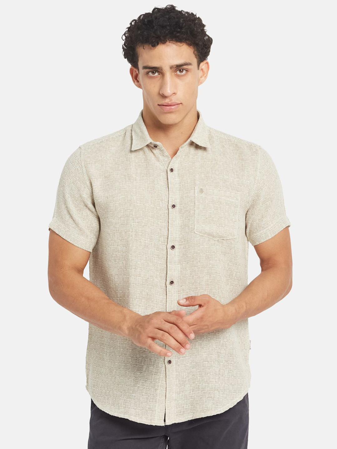 METTLE Textured Short Sleeves Spread Collar Cotton Opaque Regular Fit Casual Shirt