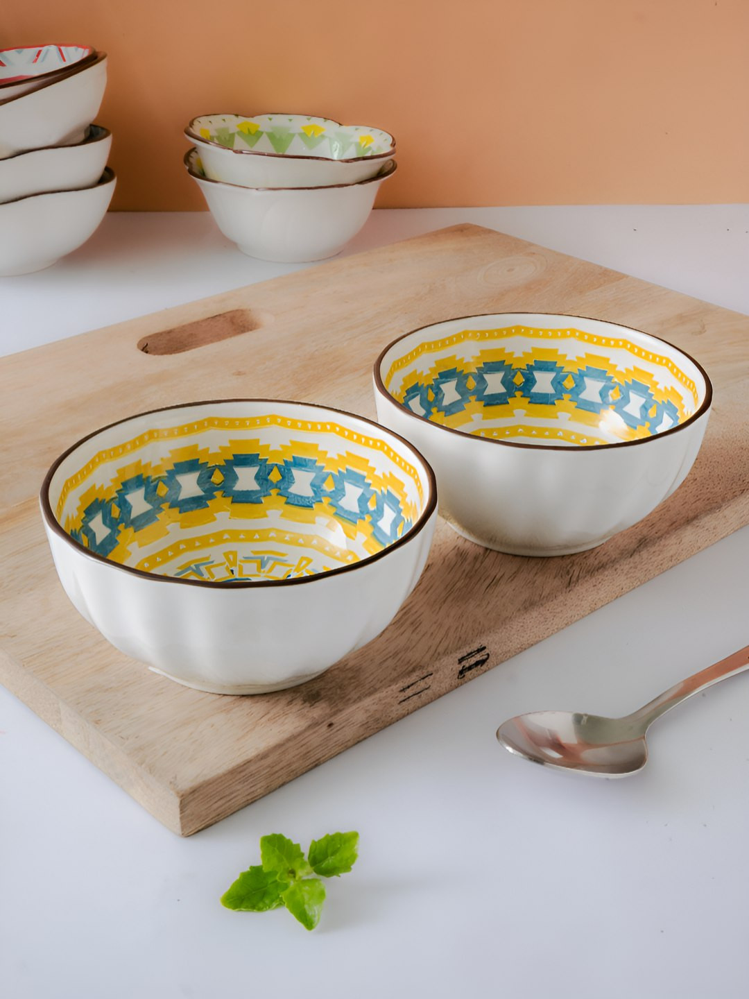 Femora White & Yellow 2 Pieces Ceramic Dishwasher and Microwave Safe Serving Bowl