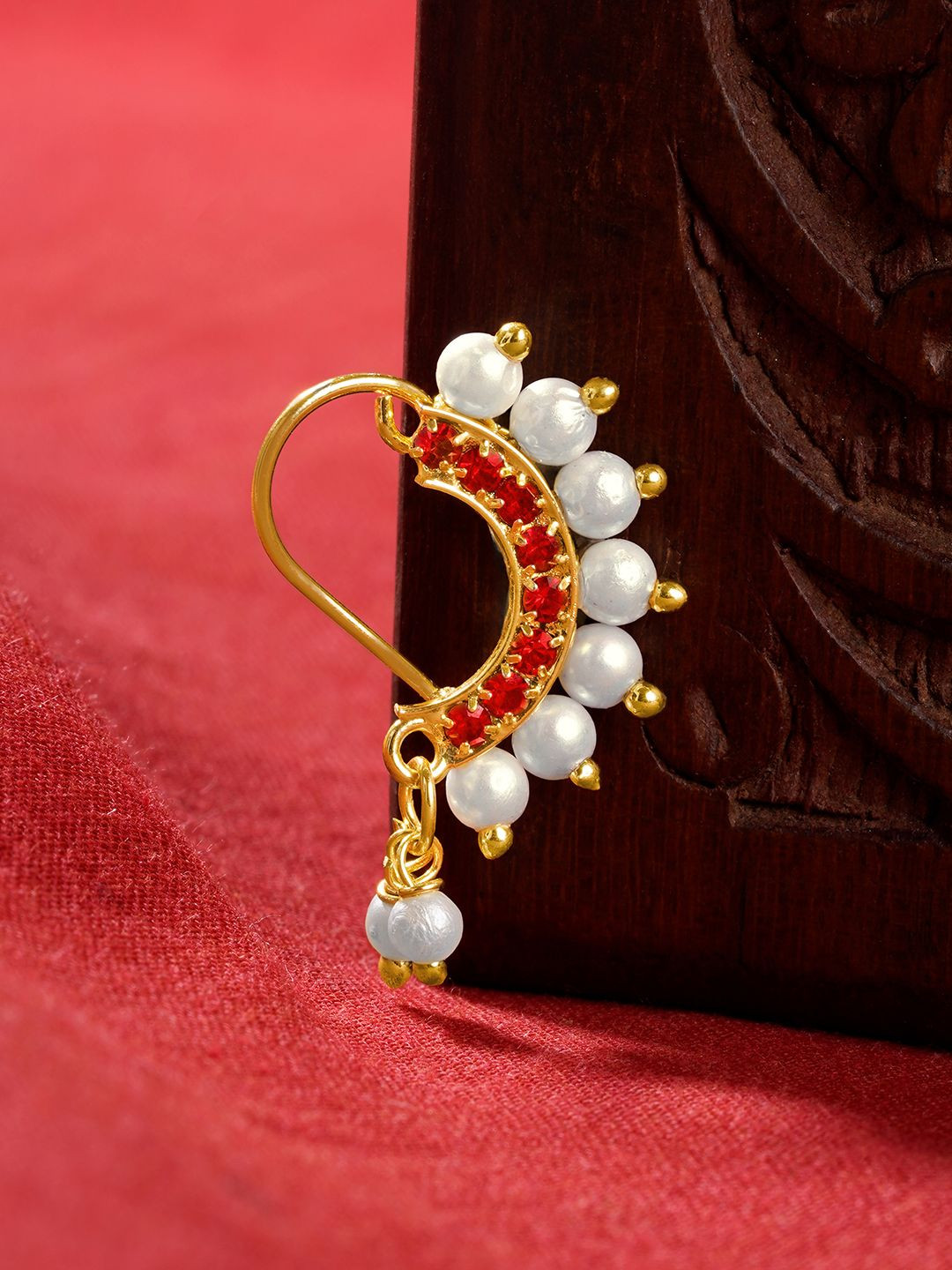 TEEJH Gold-Plated Pearls & Artificial Beads Ring Nosepin