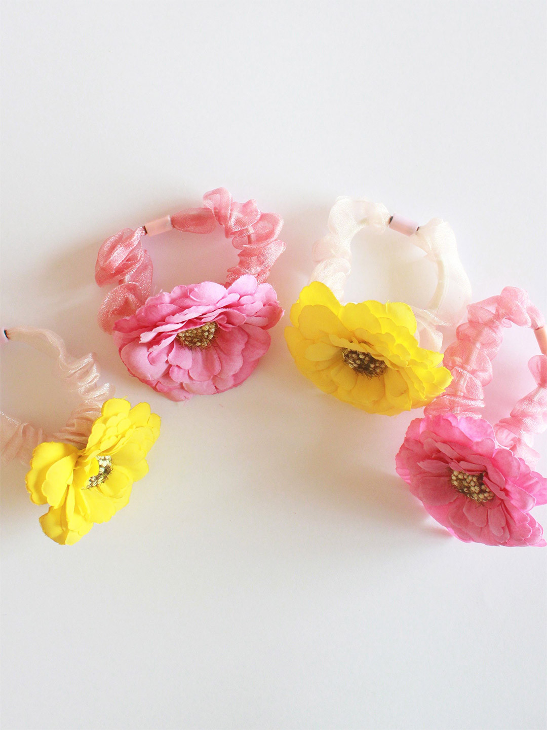 Choko Girls Set of 4 Ponytail Holders with Fabric Flower & Sheer Scrunchie