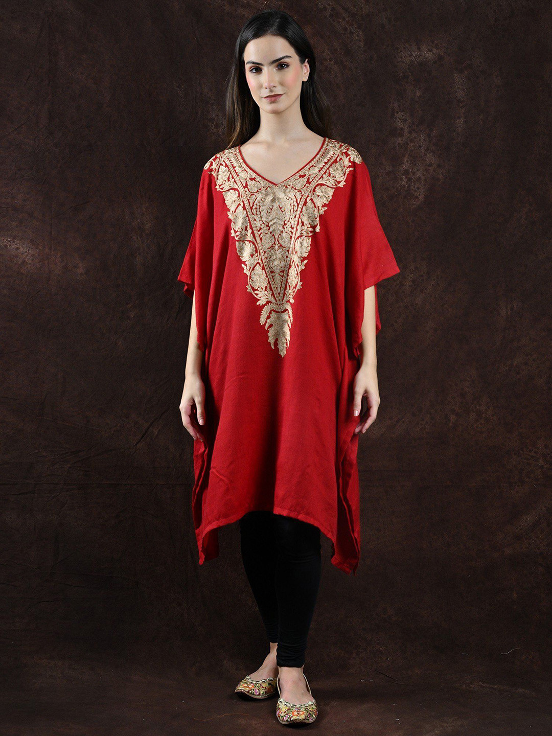 Exotic India Pure Wool Kashmiri Short Kaftan with Tilla Embroidery on Neck Dress