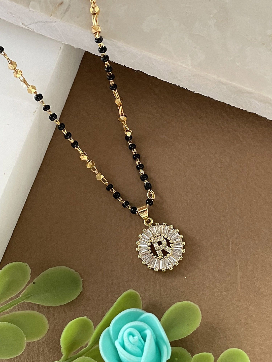 Digital Dress Room Gold-Plated Artificial Stones Studded And Beaded R Letter Mangalsutra