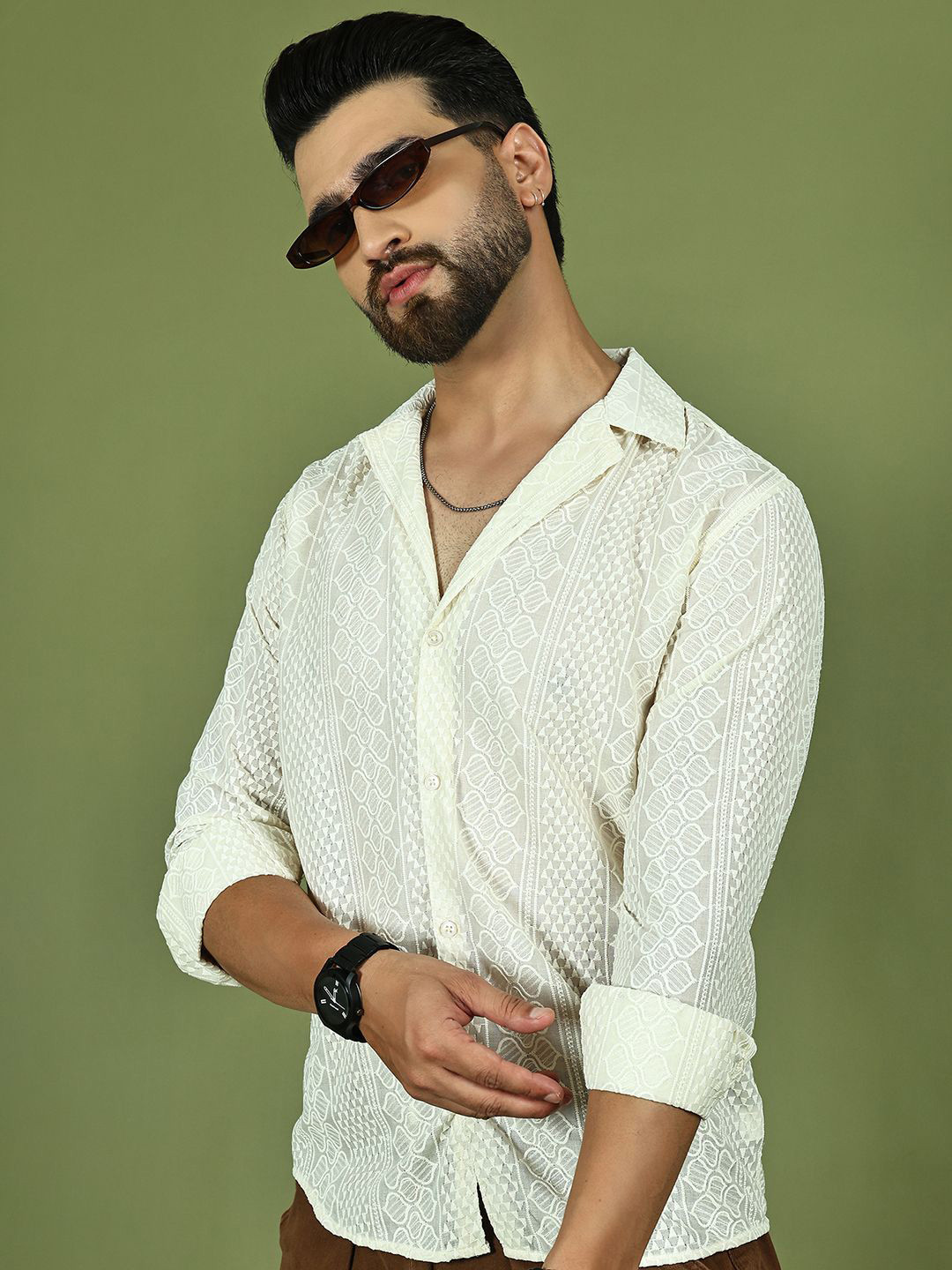 Indian Needle Self Design Abstract Cuban Collar Cotton Shirt