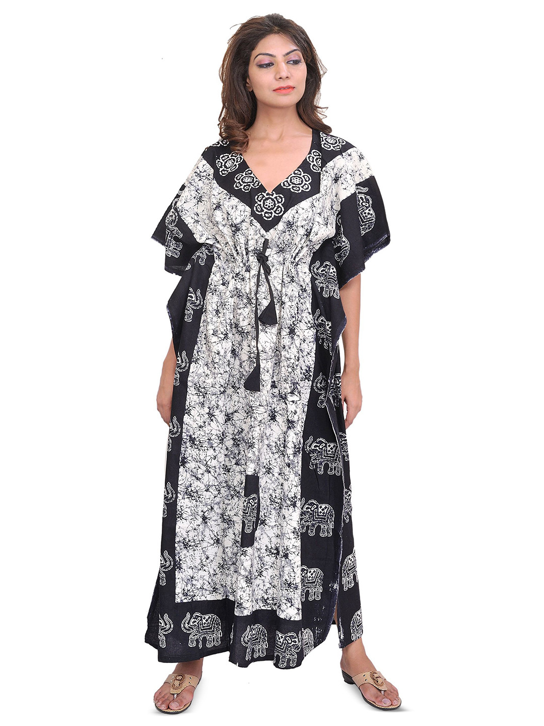 Exotic India Black and White Batik-Dyed Kaftan with Printed Elephants