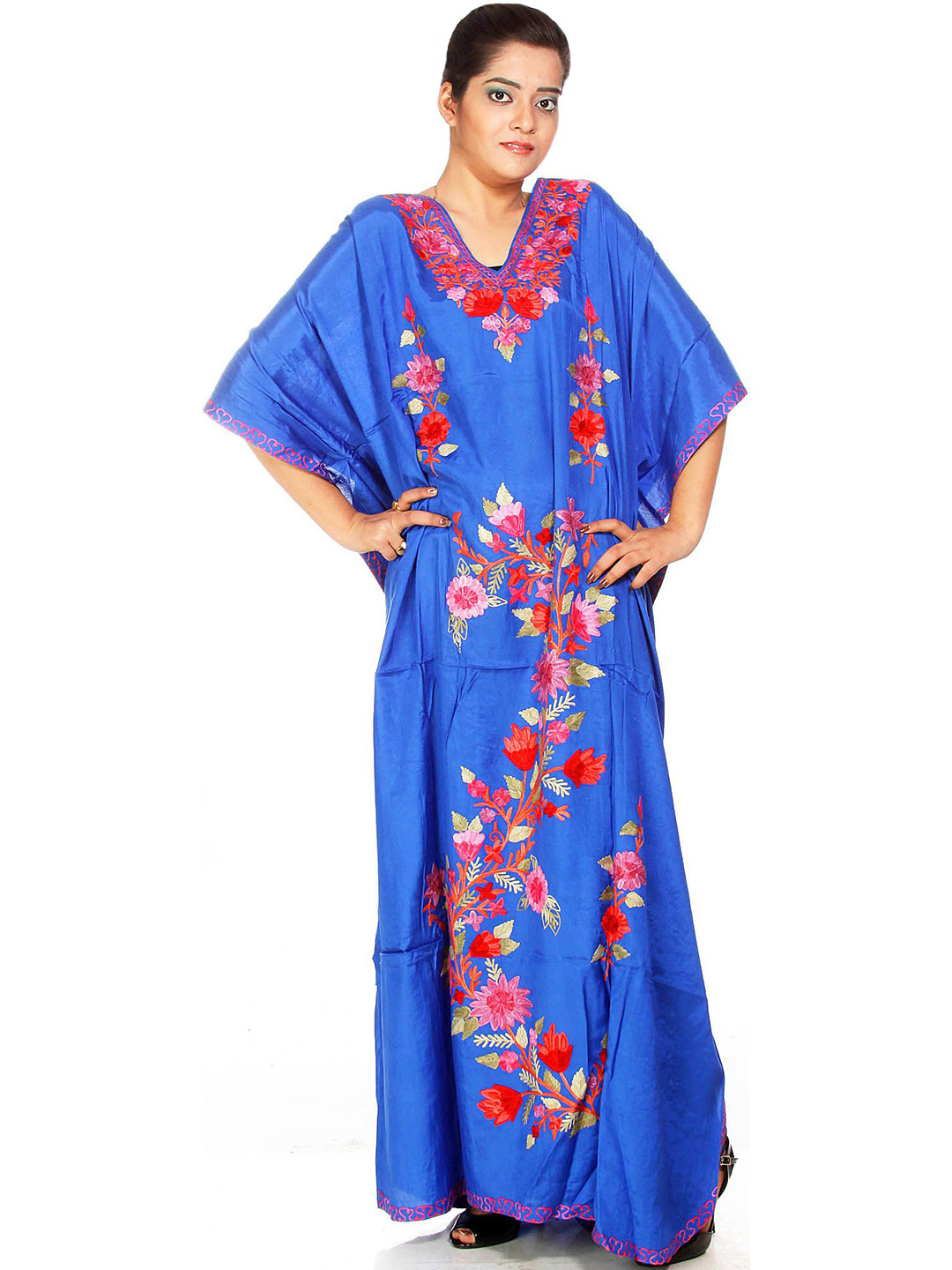 Exotic India WomenRoyal-Blue Kashmiri Kaftan with Crewel Floral Embroidered Dress