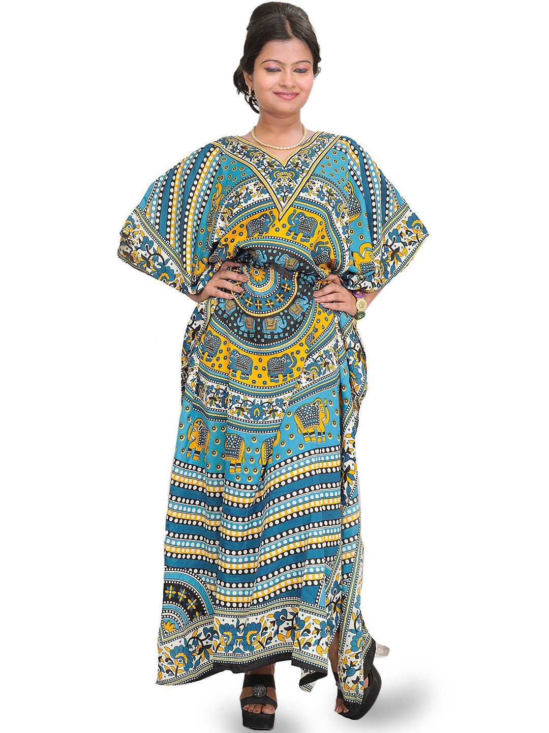 Exotic India Women Kaftan with Printed Elephants and Dori at Waist