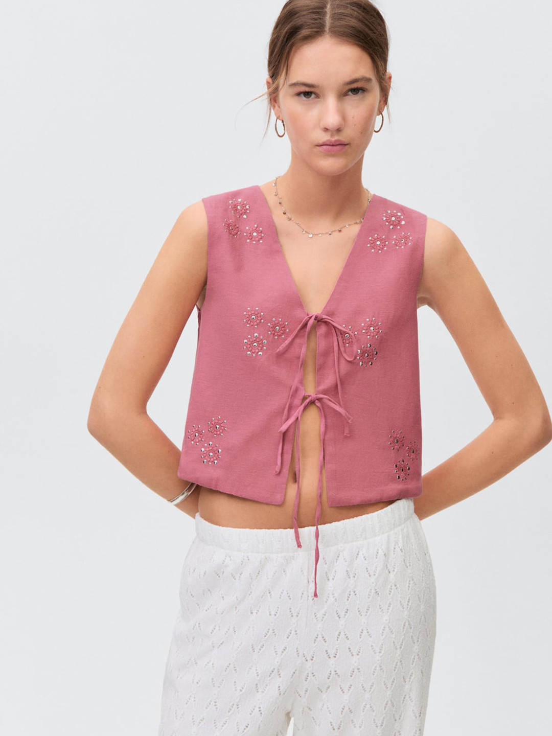 MANGO Embroidered Bow Tie-Ups Crop Vest Top
