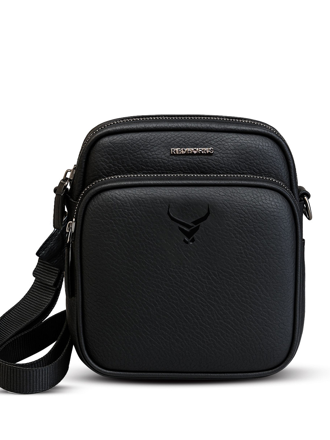 REDHORNS Unisex Solid Zip Leather Non-Detachable Sling Strap Messenger Bag