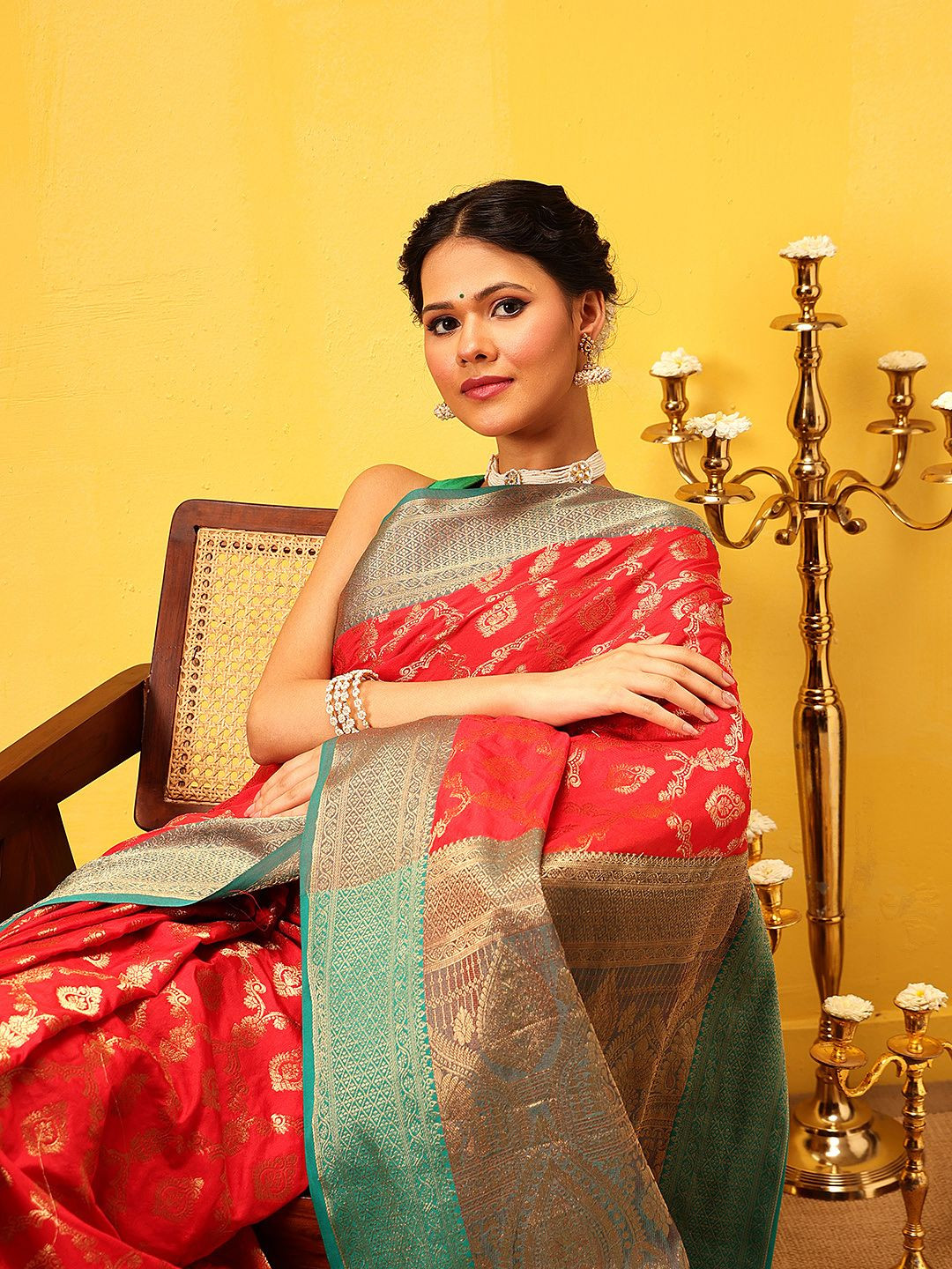 Silk Land  Banarasi Soft Silk Jal Design Saree with Contrast Border and Pallu