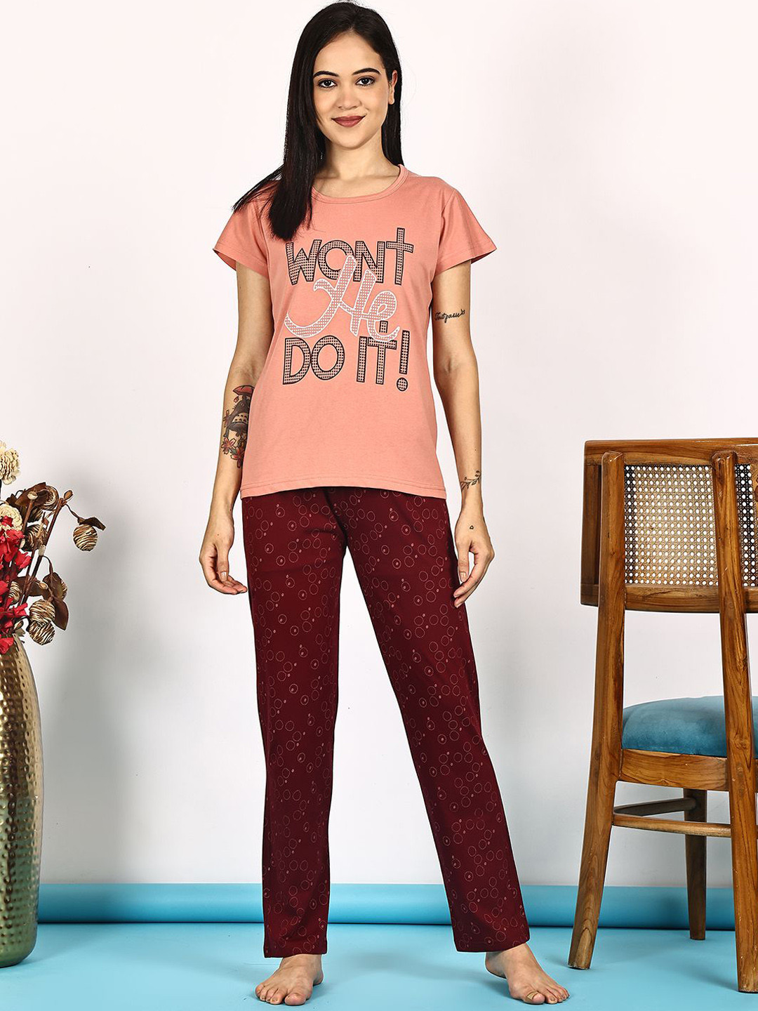 VANYA Women Typography Printed Round Neck Regular Night suit