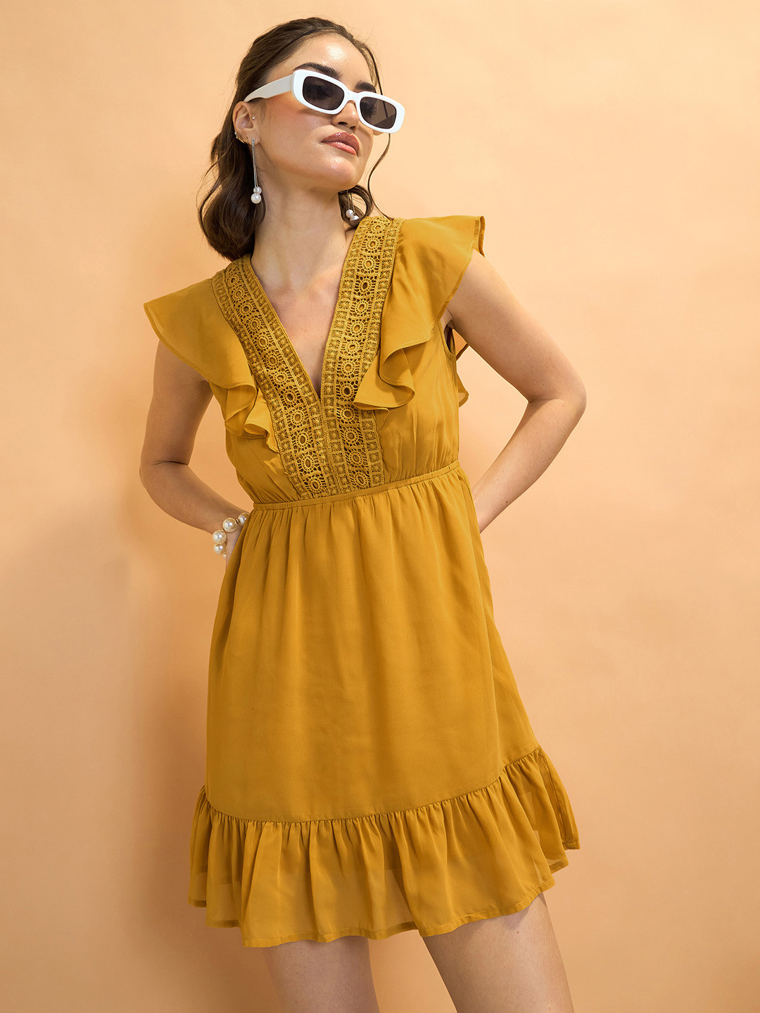 CORSICA Crochet Neckline Ruffled A-Line Mini Dress