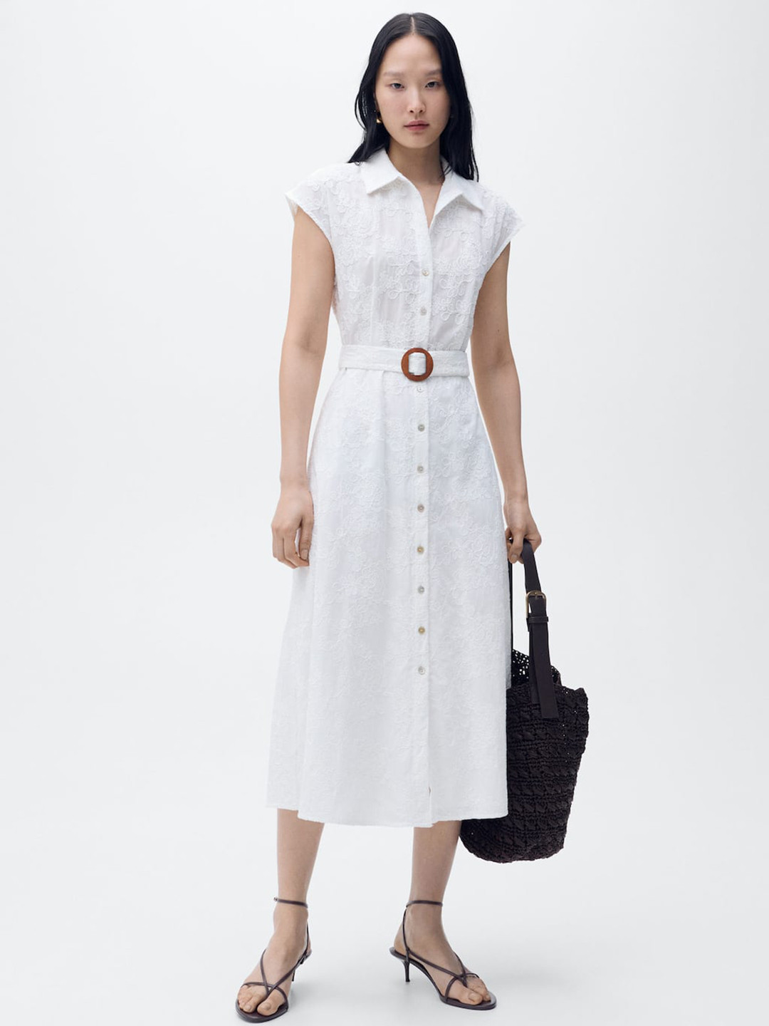 MANGO Floral Embroidered Extended Sleeves Pure Cotton Midi Shirt Dress with Belt