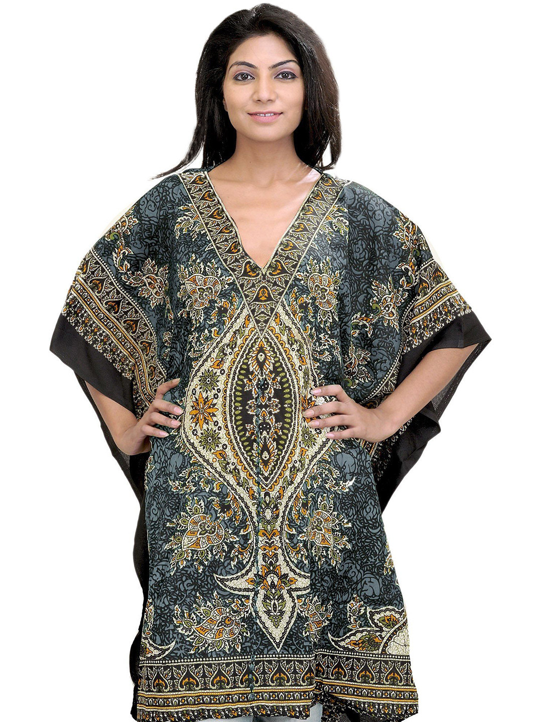 Exotic India Ethnic Motifs Printed Kaftan Midi Dress With Dori at Waist