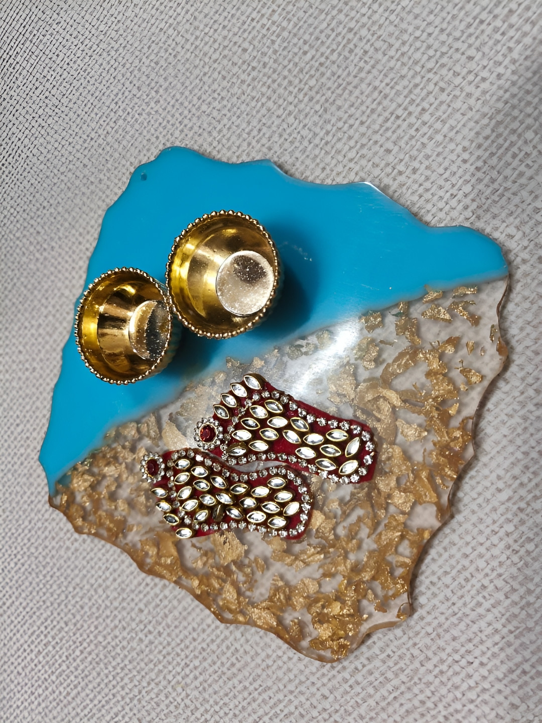 Nutts Blue Resin Art Platter With Laksmi Foot & Roli Chawal Bowl