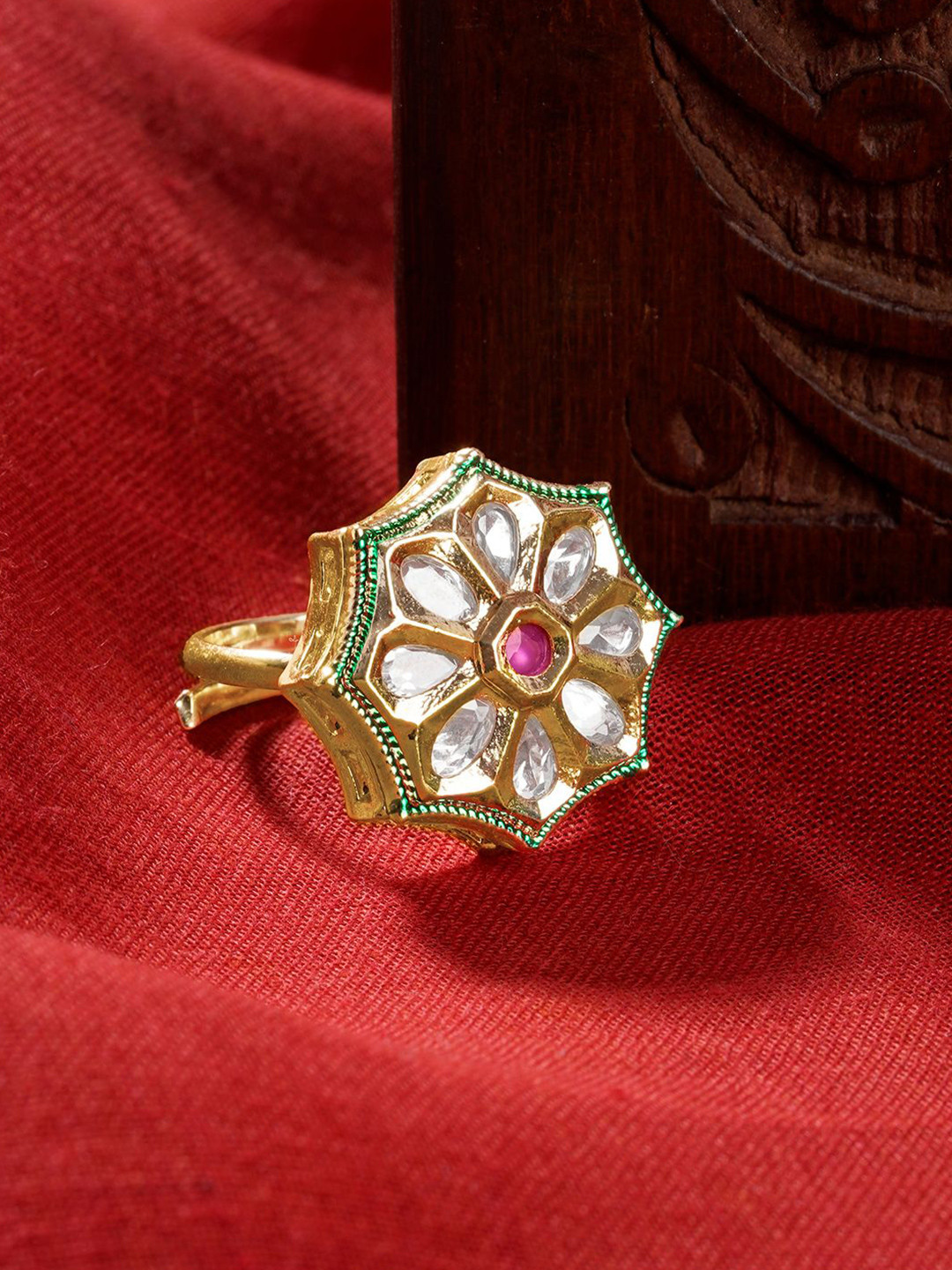 TEEJH Gold-Plated Hayaa Red Stone-Studded Finger Ring
