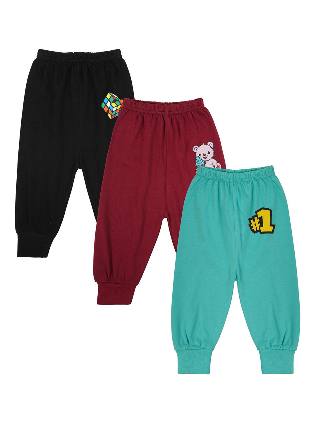 Baby Infants Pack Of 3 Printed Cotton Mid-Rise Joggers