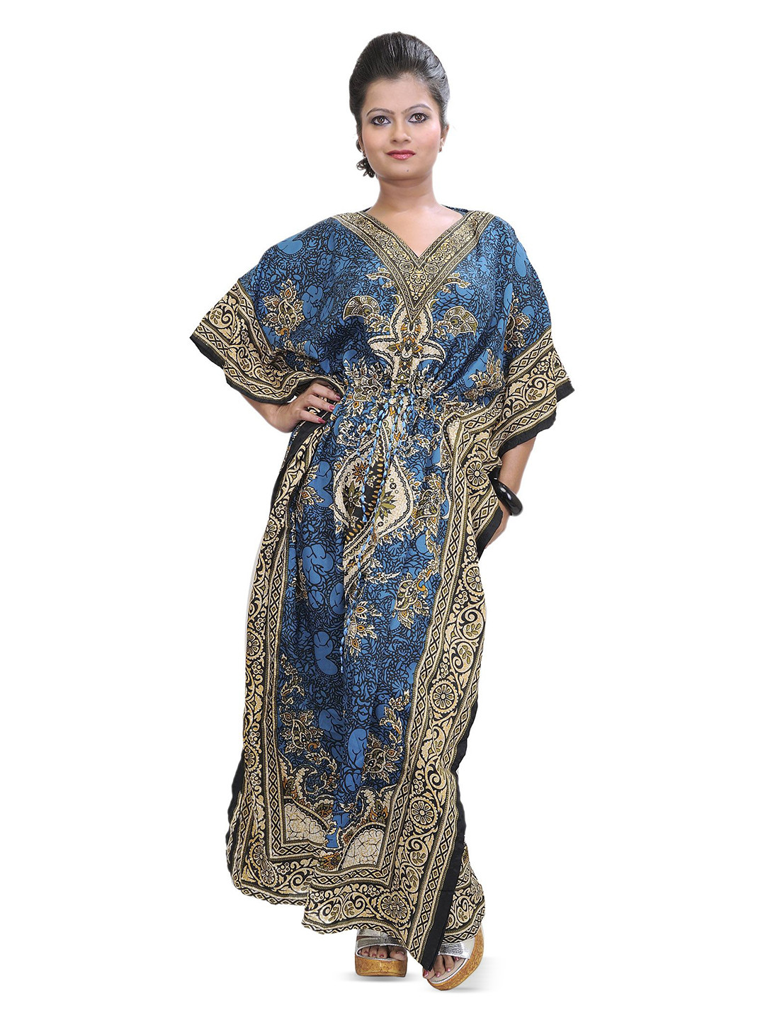 Exotic India Women Long Printed Kaftan with Dori at Waist Dress