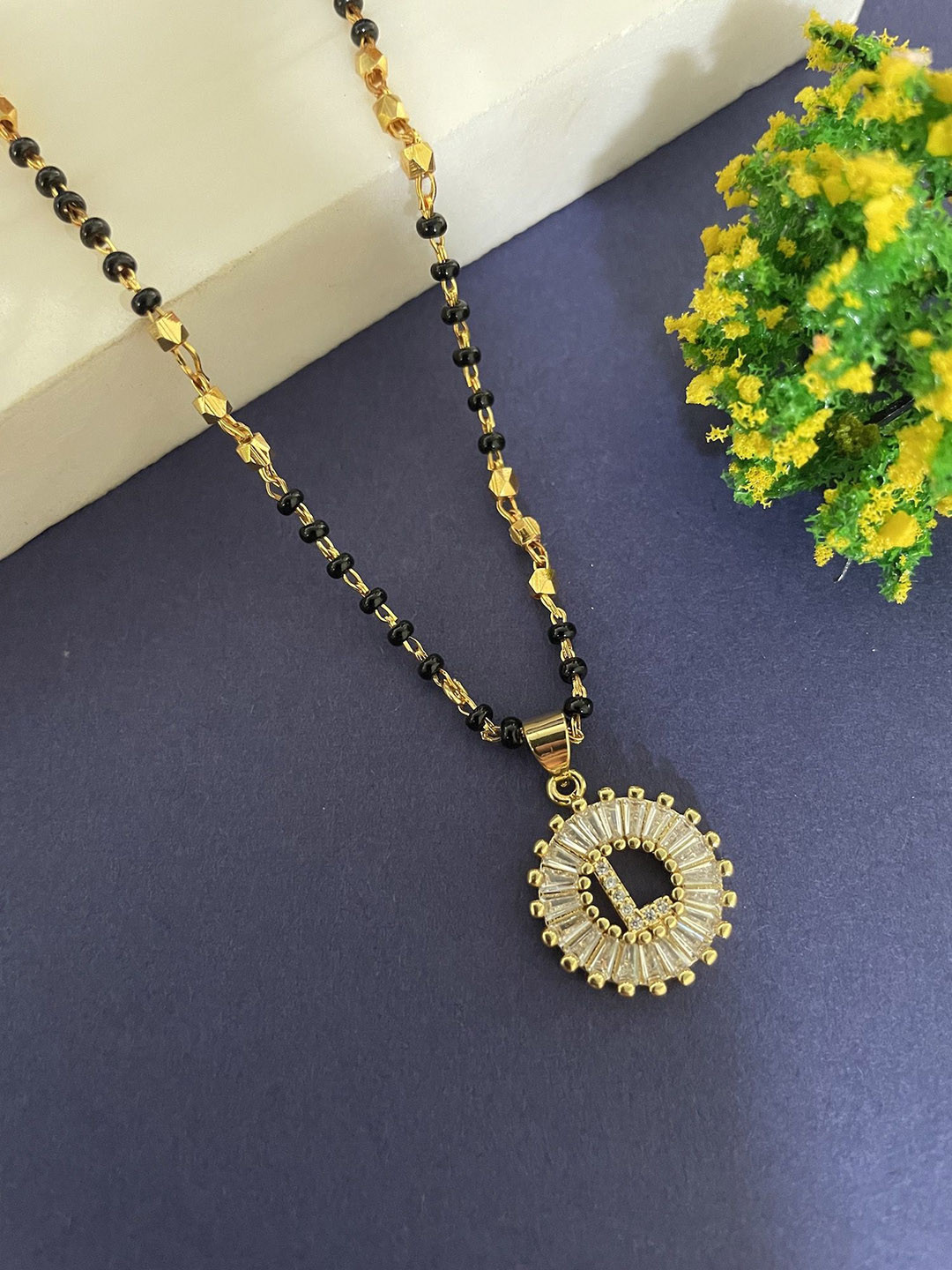 Digital Dress Room Gold-Plated Artificial Stones Studded And Beaded L Letter Mangalsutra