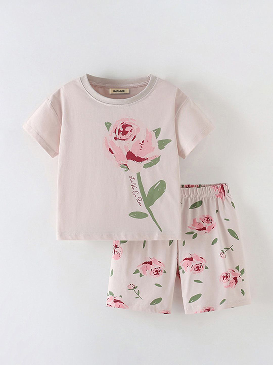 INCLUD Girls Apricot Rose Printed T-shirt with Shorts