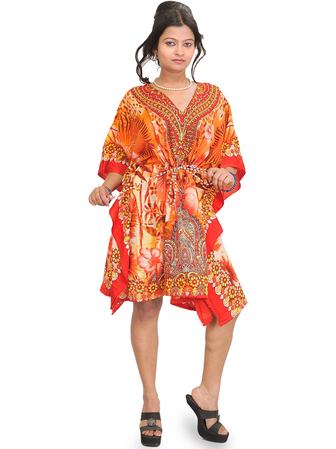Exotic India Women Floral Print  Dori at Waist Kaftan Dress